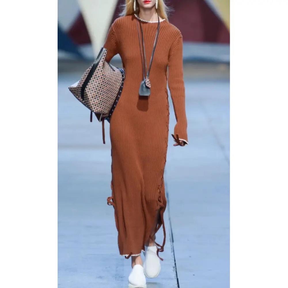 Malene Birger $400 Heavy Cotton Knit Brown Lace-Up Long Sleeve Long Dress Sz L
